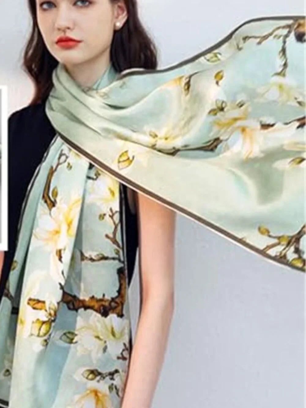 Green Magnolia Satin Scarf Women's Oversized Floral Shawl Evening Wrap